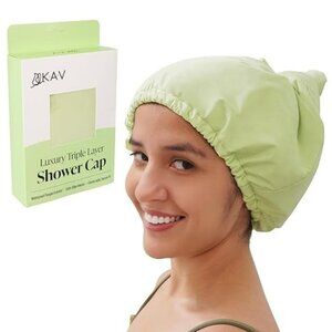 KAV Luxury Triple Layer Shower Cap Satin for Women, Reusable Waterproof - Green